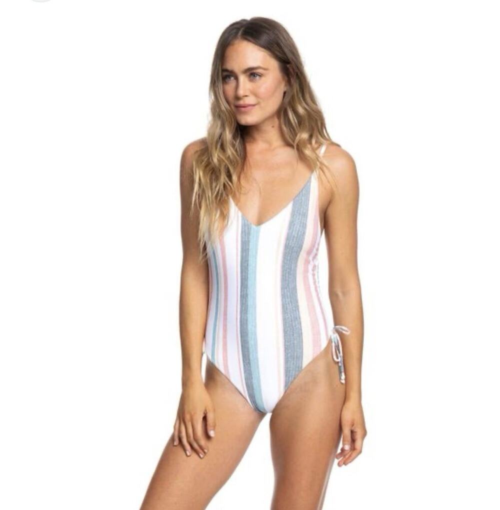 Roxy Women’s One Piece Swimsuit Medium Striped Padded Low Back Ruched White